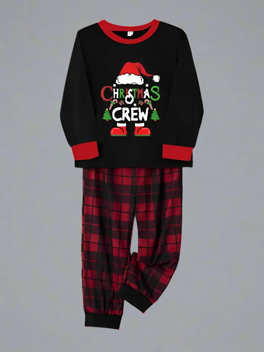 Family Matching "Christmas Crew" Pajamas - Black and Red Plaid Holiday Pajama Set for Kids and Adults