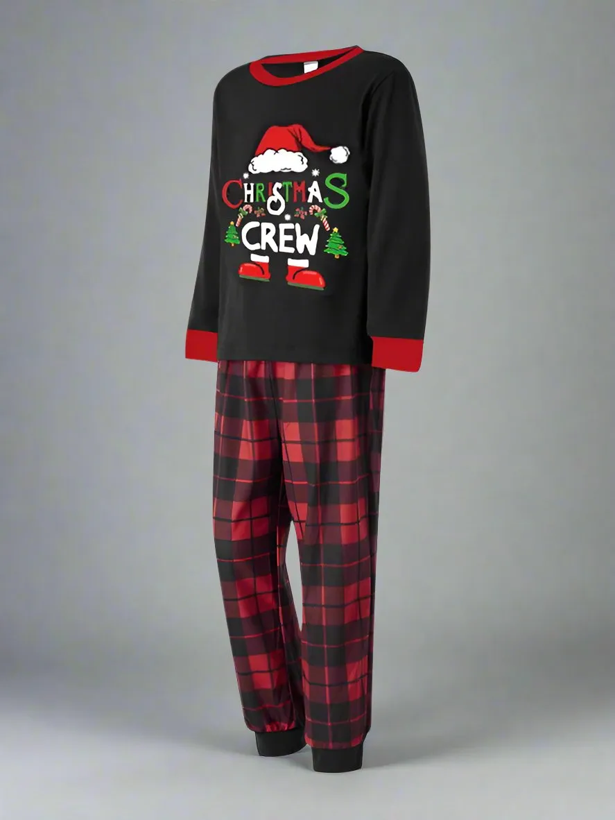Family Matching "Christmas Crew" Pajamas - Black and Red Plaid Holiday Pajama Set for Kids and Adults