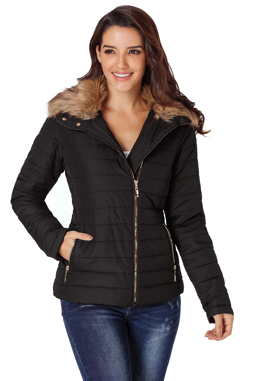 Faux Fur Collar Trim Black Quilted Jacket