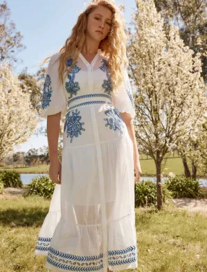 Gabriette Embroidered Cotton Slub Dress - Milk