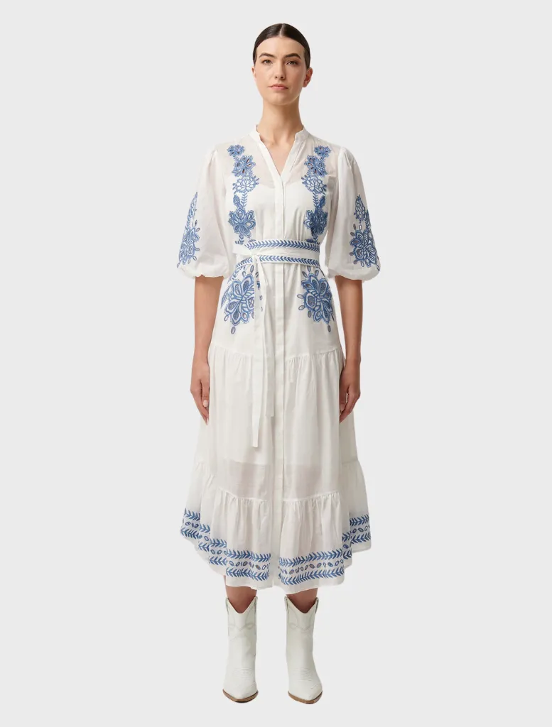 Gabriette Embroidered Cotton Slub Dress - Milk