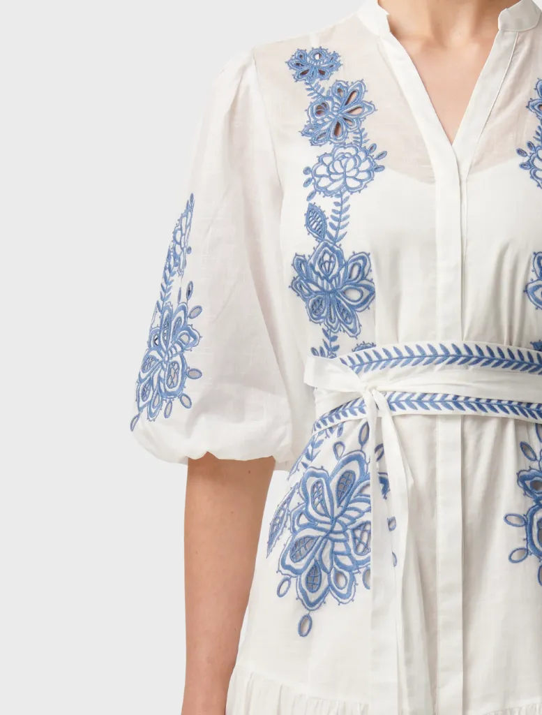 Gabriette Embroidered Cotton Slub Dress - Milk