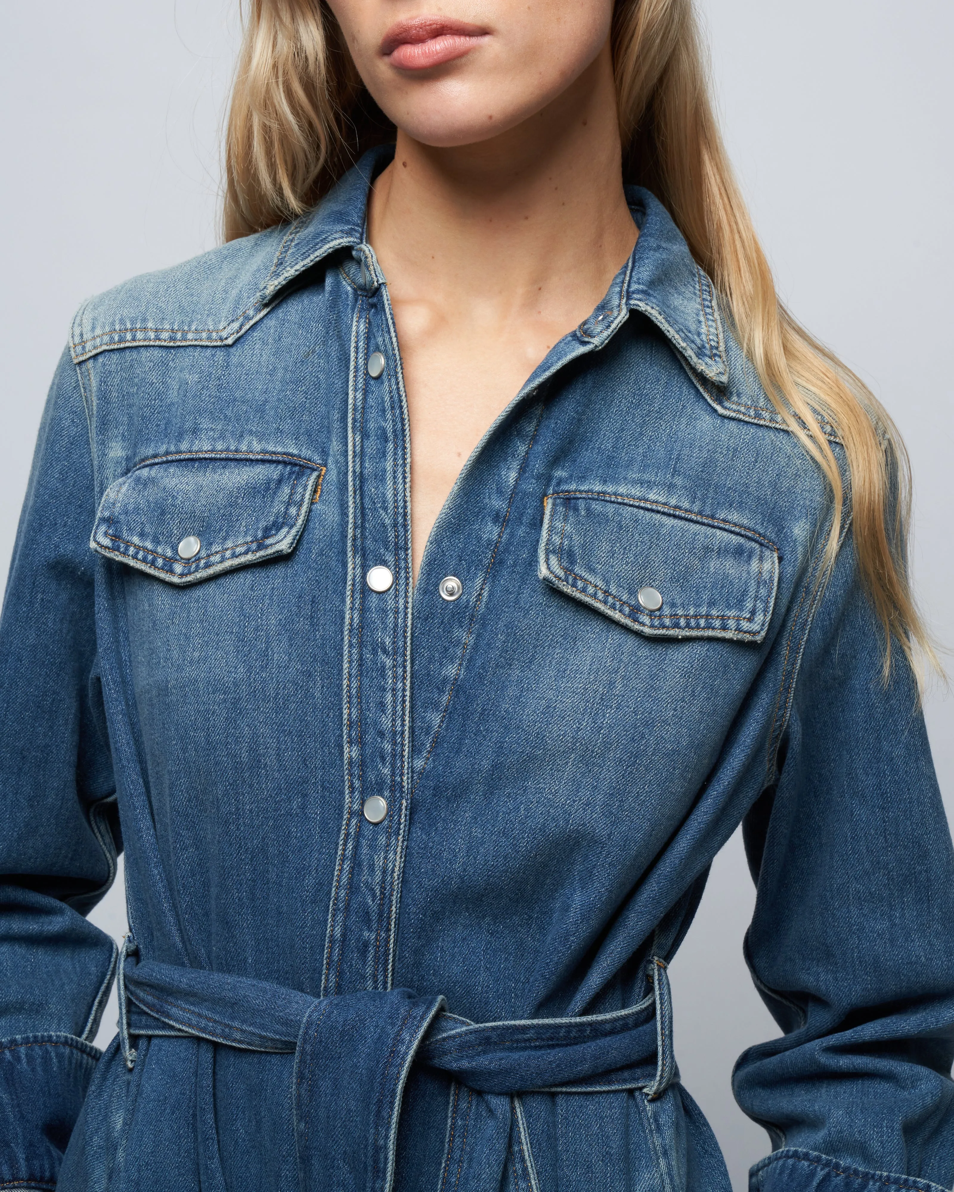 golden chemisier dress stone washed denim - blue