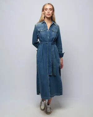 golden chemisier dress stone washed denim - blue