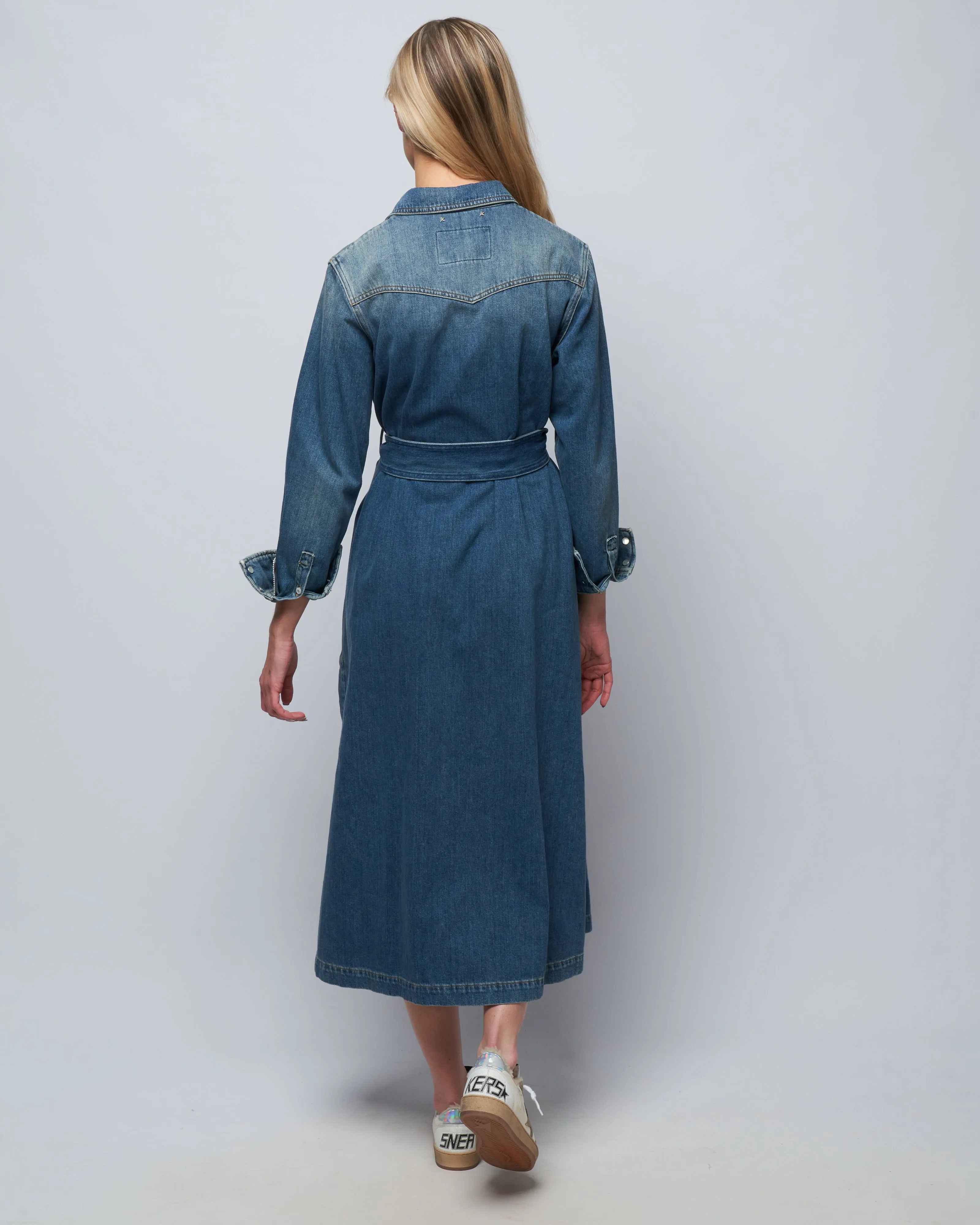 golden chemisier dress stone washed denim - blue