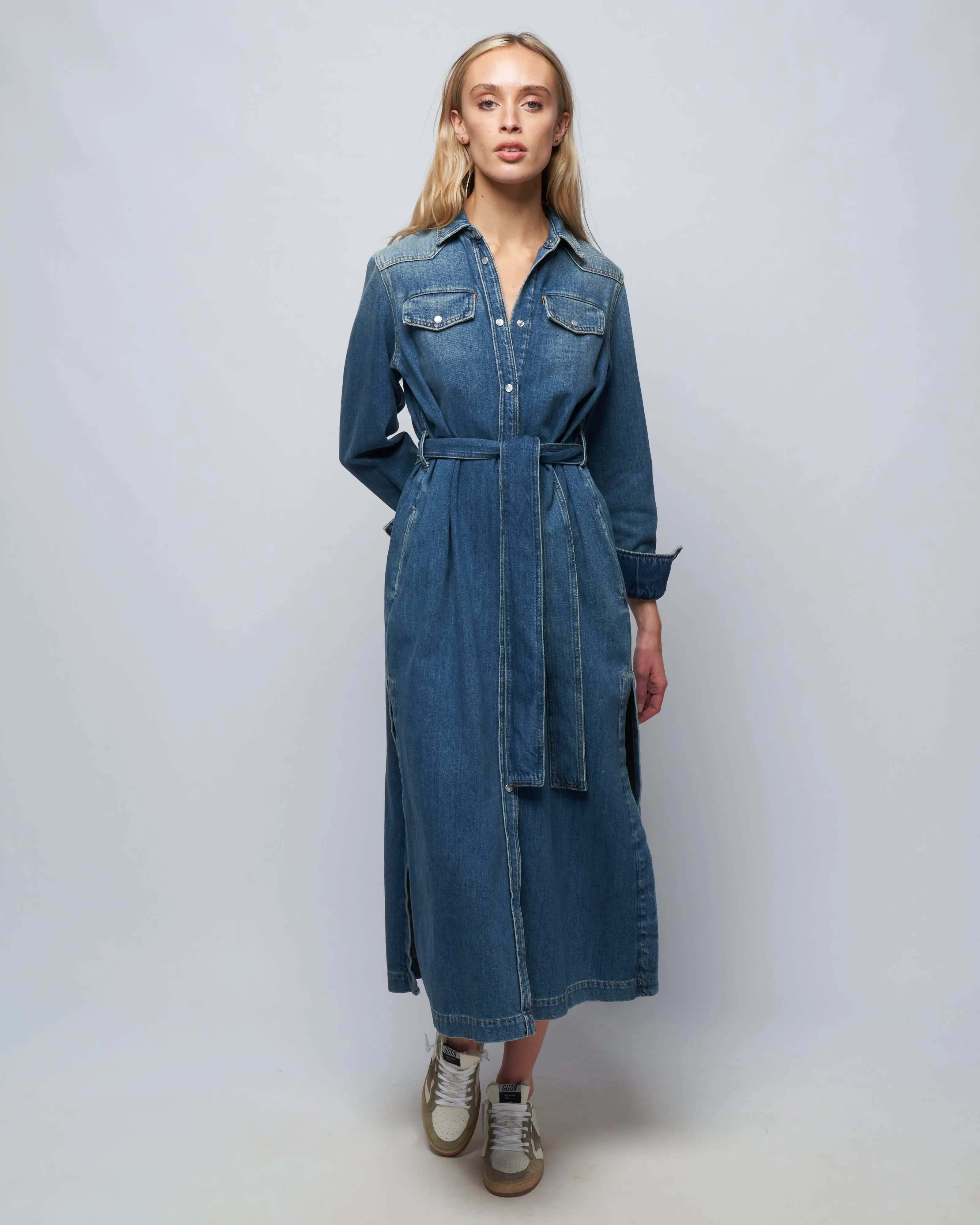 golden chemisier dress stone washed denim - blue