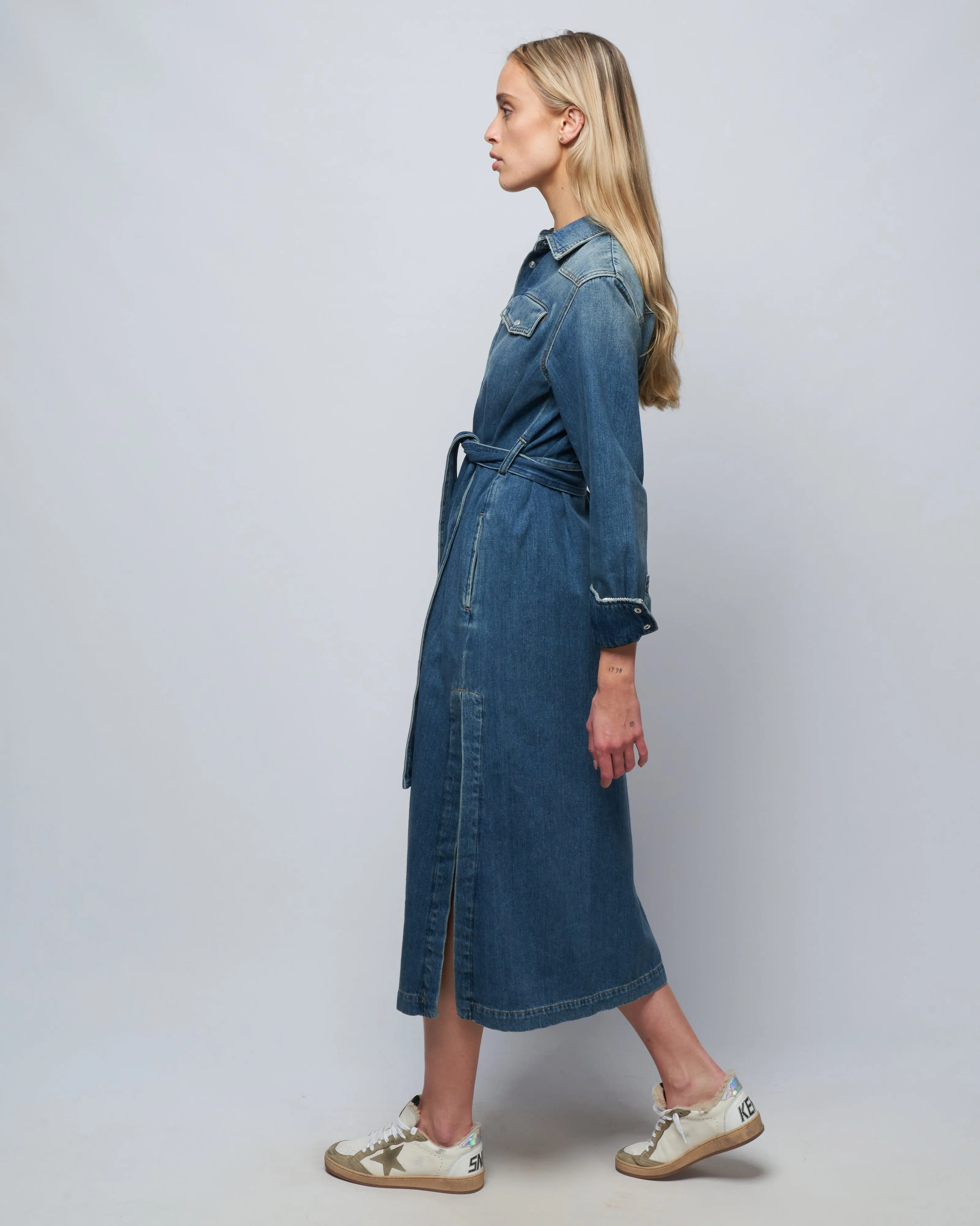 golden chemisier dress stone washed denim - blue