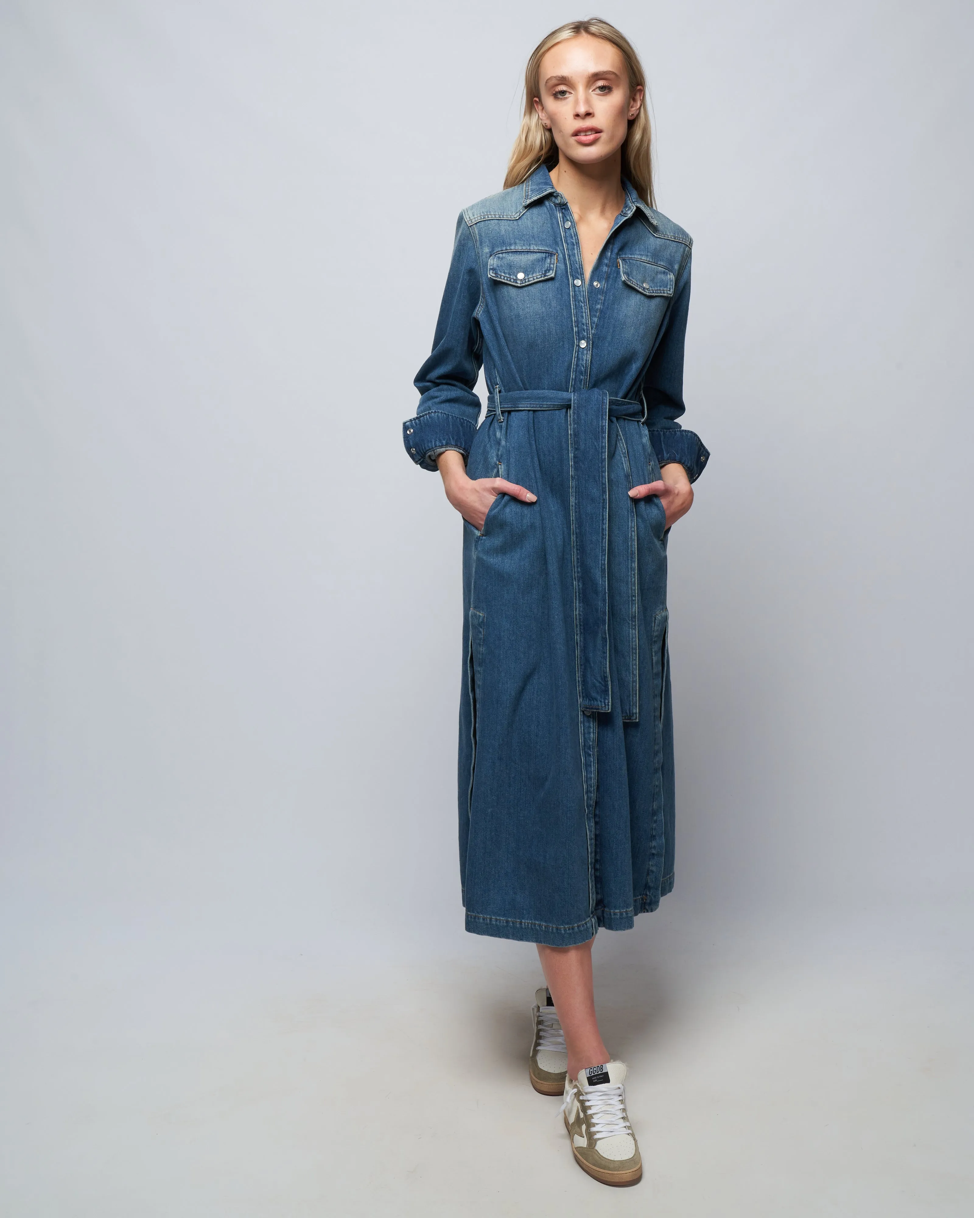 golden chemisier dress stone washed denim - blue