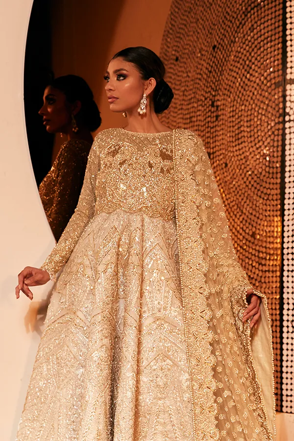 Golden Lehenga Gown Dress for Pakistani Bridal Wear