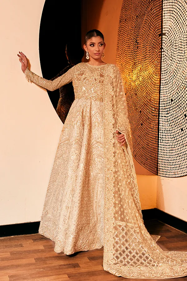 Golden Lehenga Gown Dress for Pakistani Bridal Wear