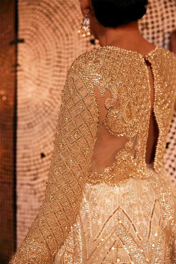 Golden Lehenga Gown Dress for Pakistani Bridal Wear