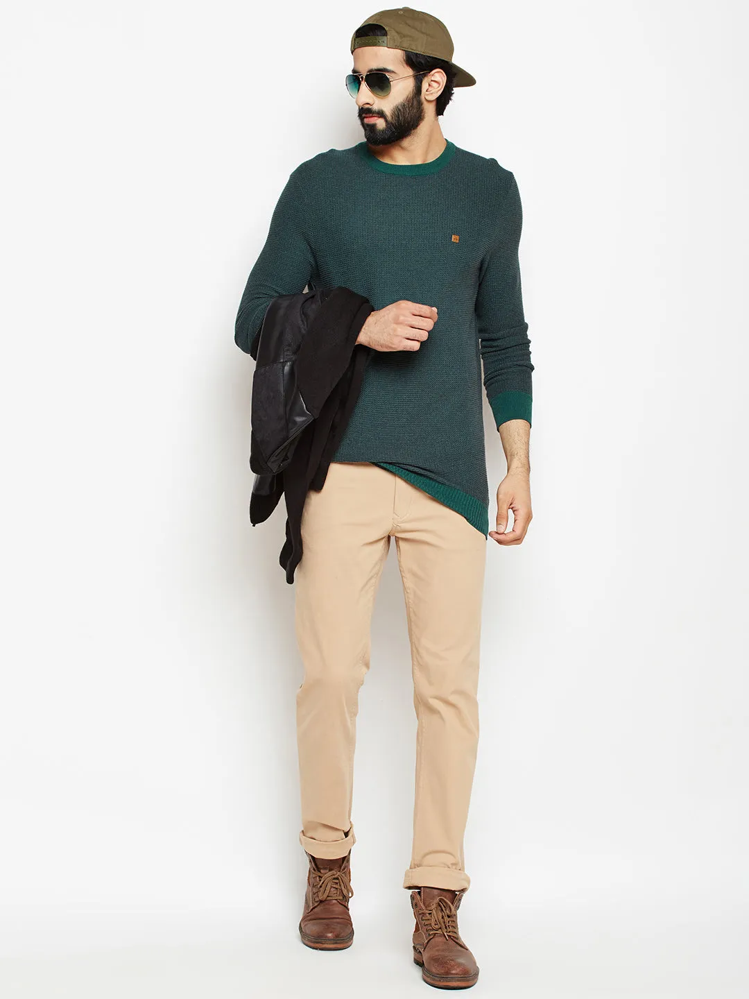 Green Solid Round Neck Sweater