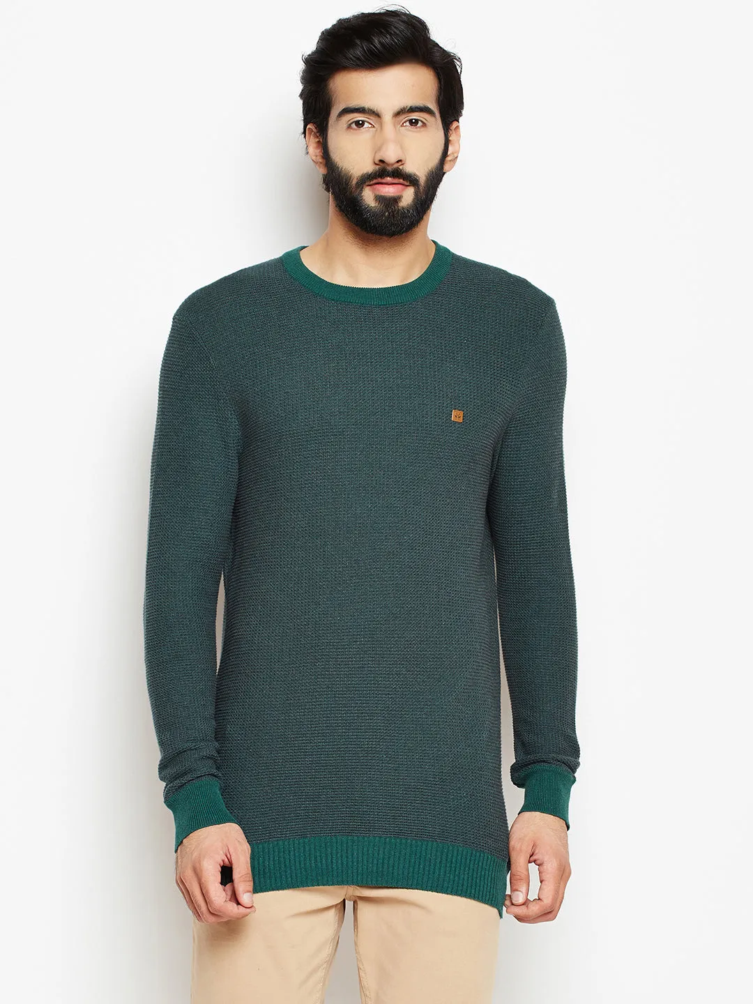 Green Solid Round Neck Sweater