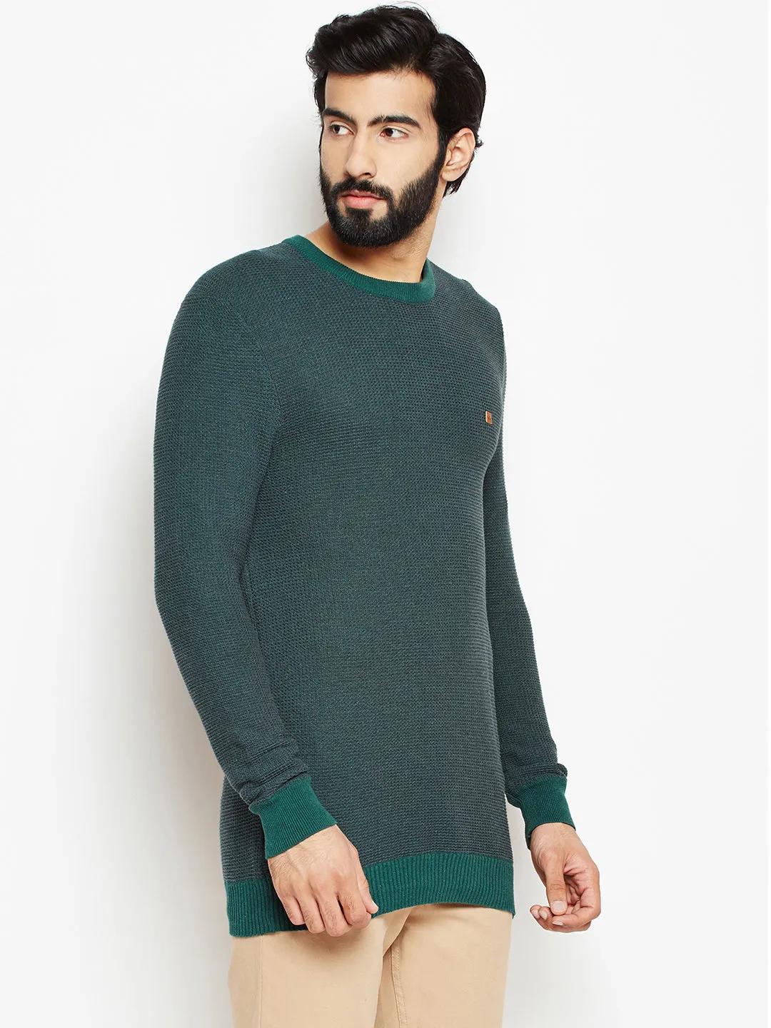 Green Solid Round Neck Sweater