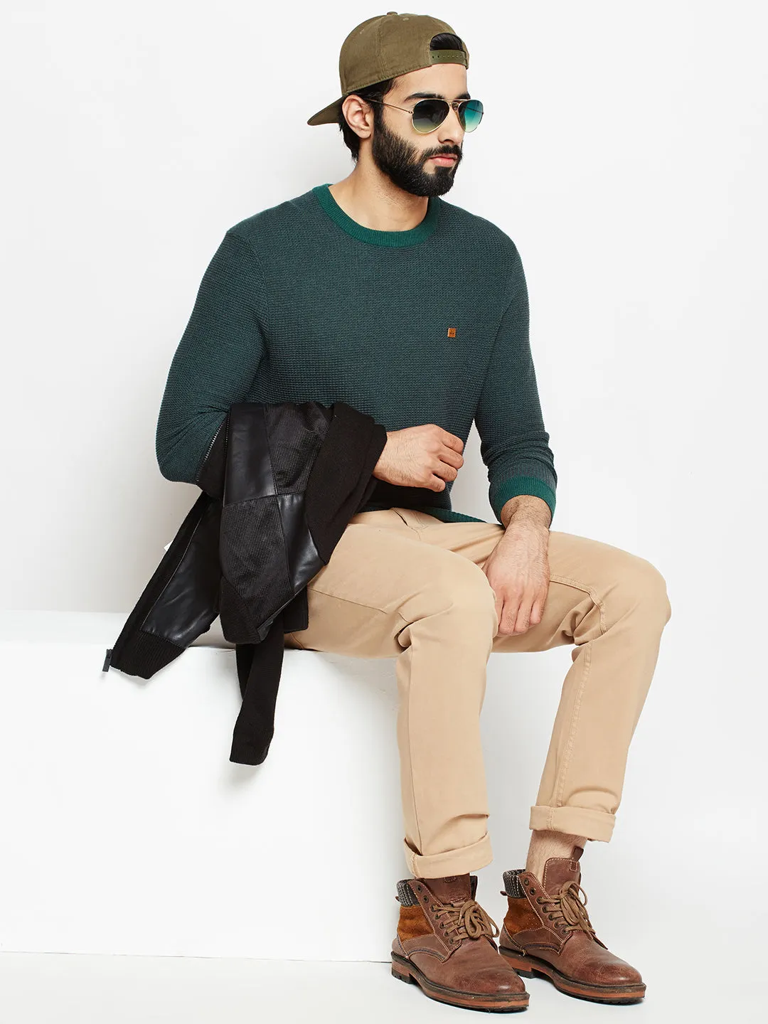 Green Solid Round Neck Sweater