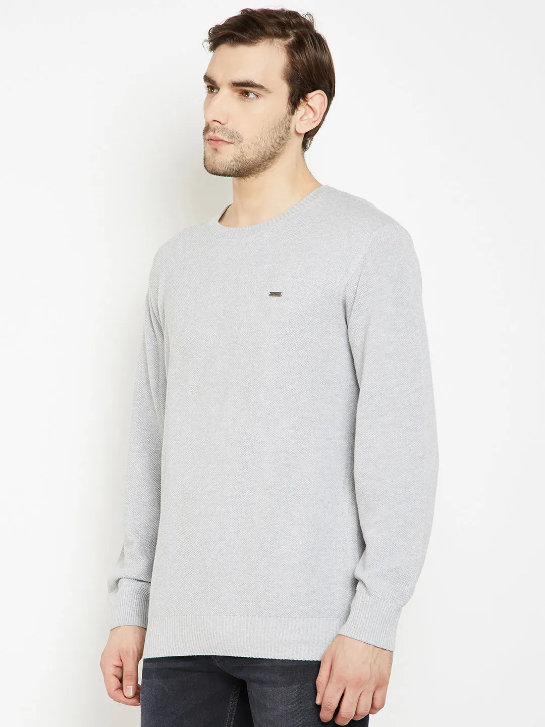Grey Solid Round Neck Sweater