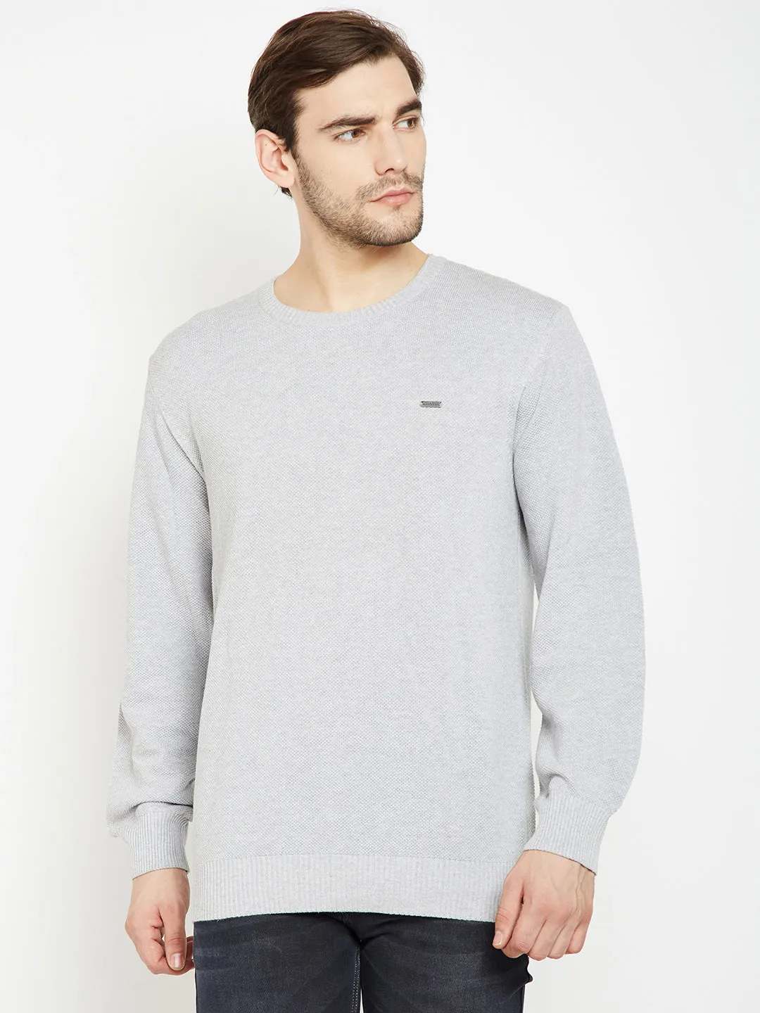 Grey Solid Round Neck Sweater