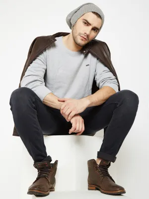 Grey Solid Round Neck Sweater