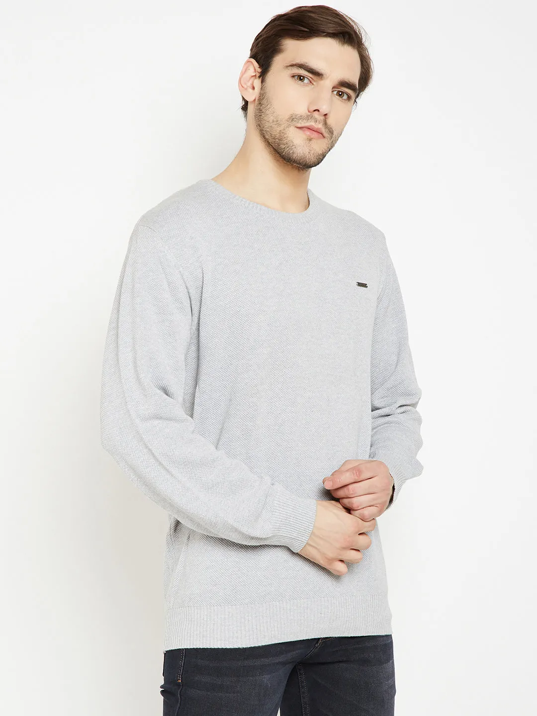 Grey Solid Round Neck Sweater