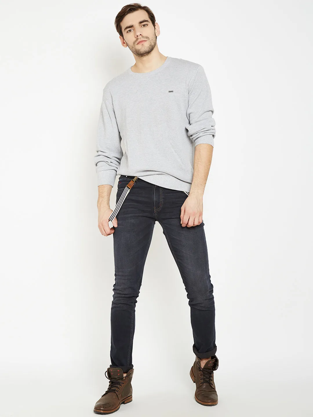 Grey Solid Round Neck Sweater