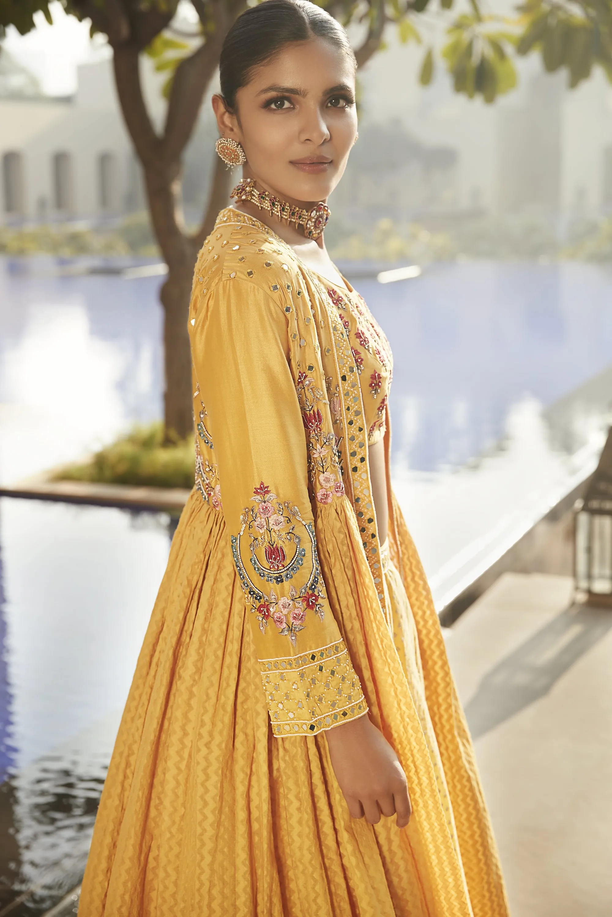 Haldi Yellow Venetian Tripitaka Lehenga Set