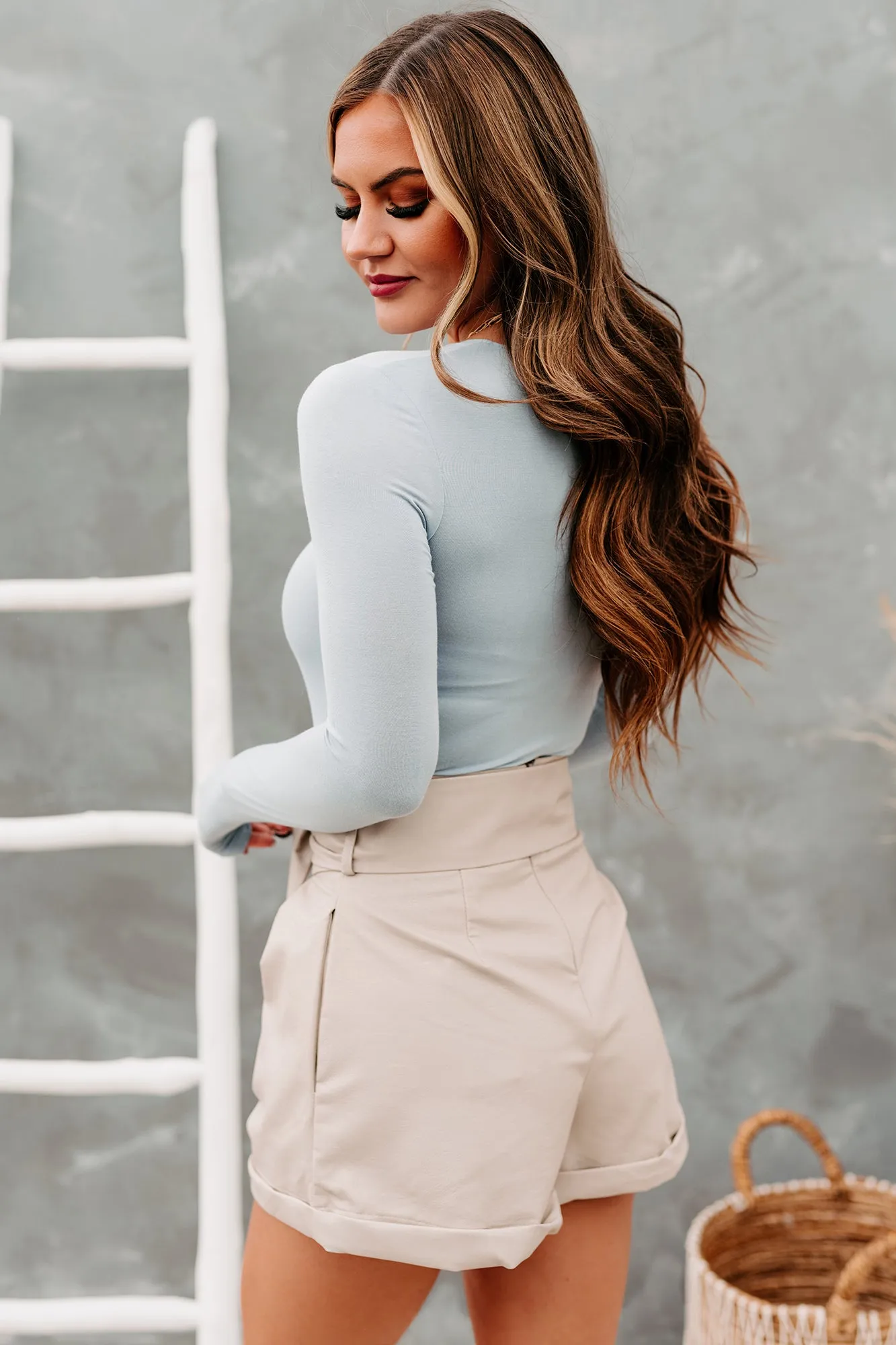 Hidden Attraction Long Sleeve V-Neck Bodysuit (Smoke Blue)