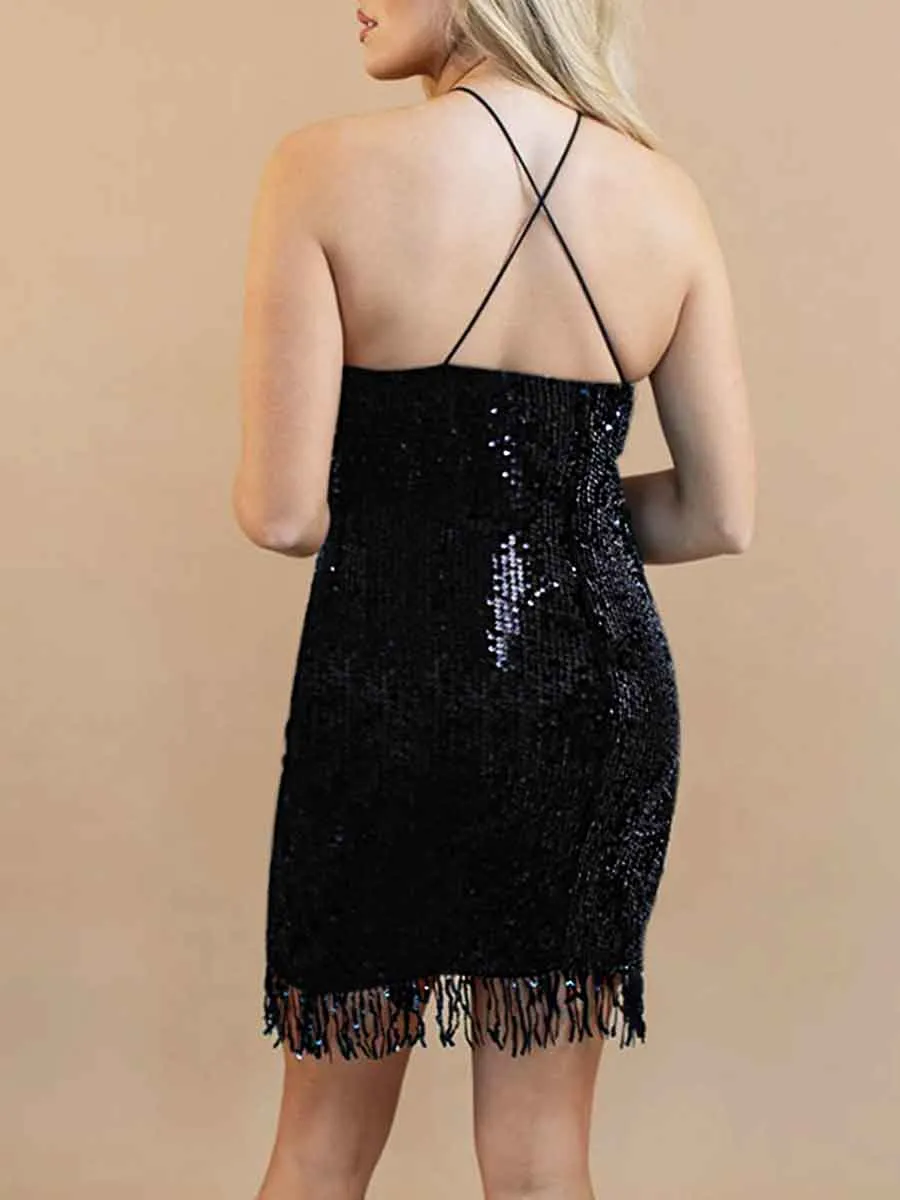 High Collar Sleeveless Suspender Black Sequin Tassel Dress