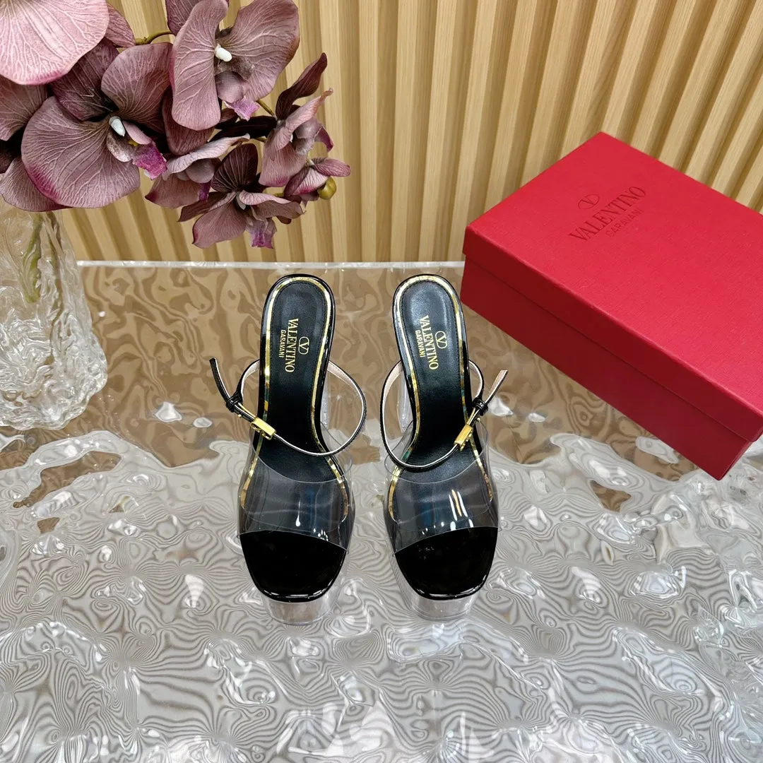 HIGH HEEL SANDAL 14CM IN BLACK CALFSKIN AND TRANSPARENT PVC