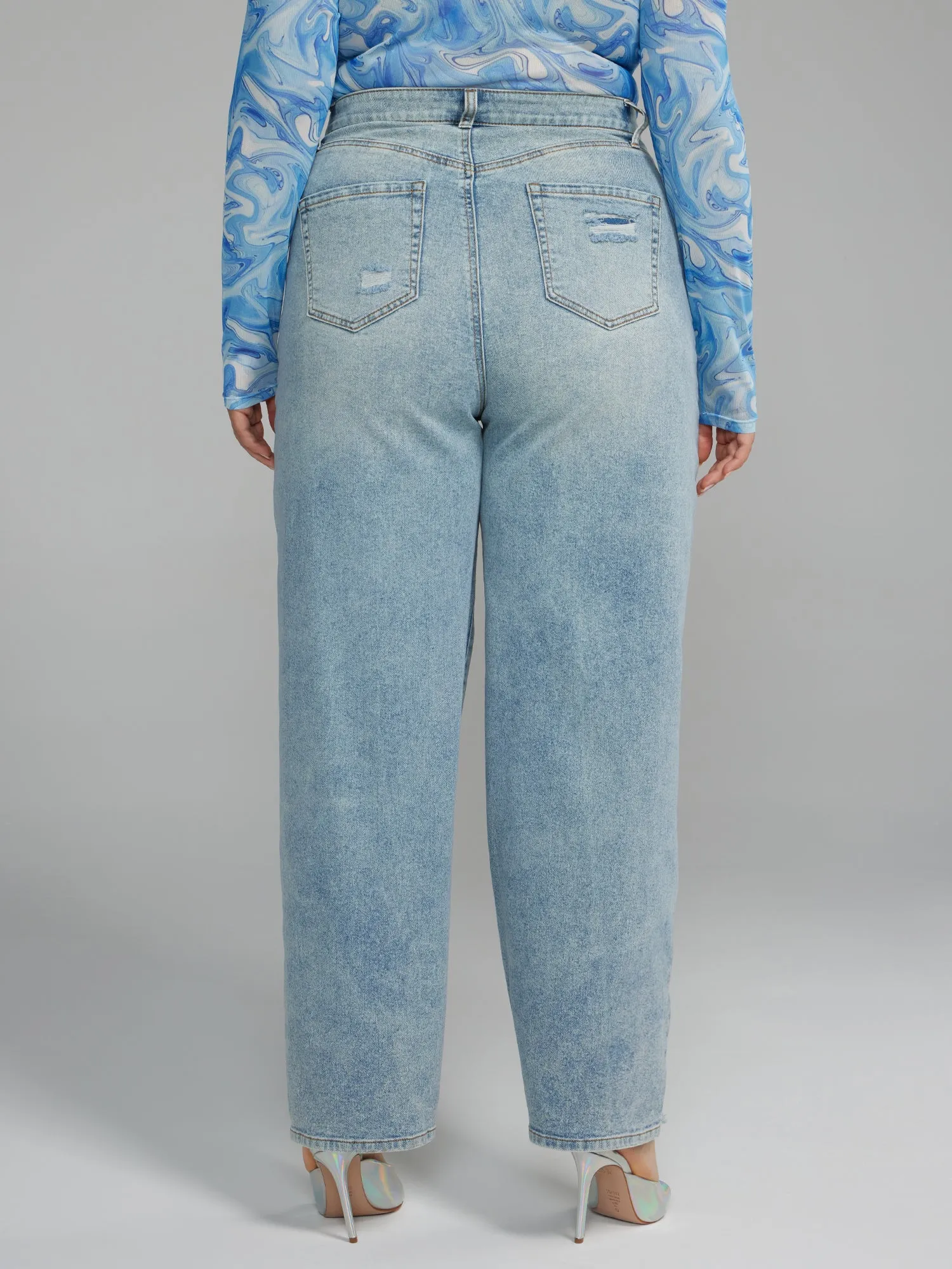 High Rise Straight Leg Destructed Jeans