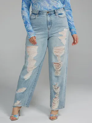 High Rise Straight Leg Destructed Jeans