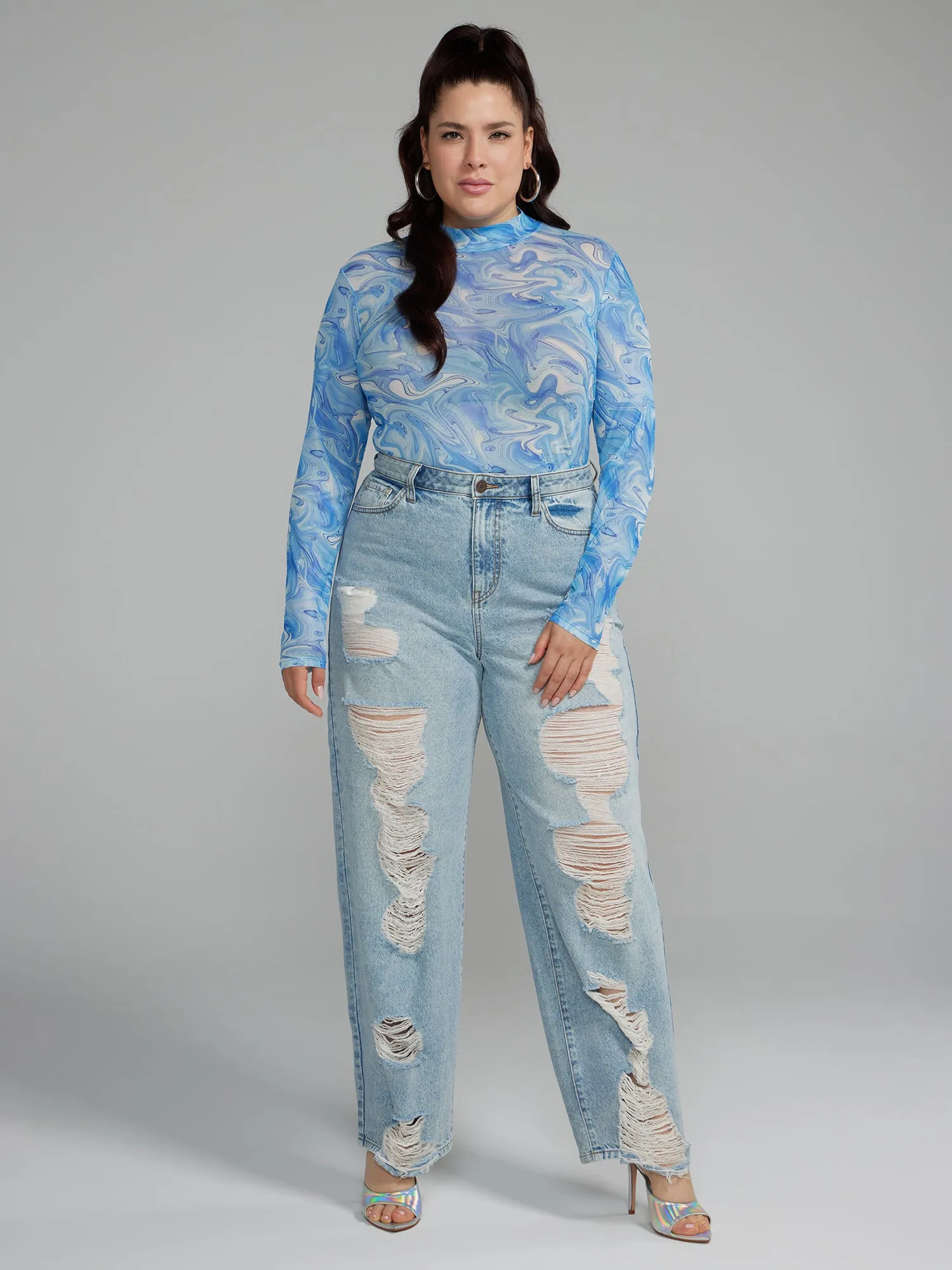 High Rise Straight Leg Destructed Jeans