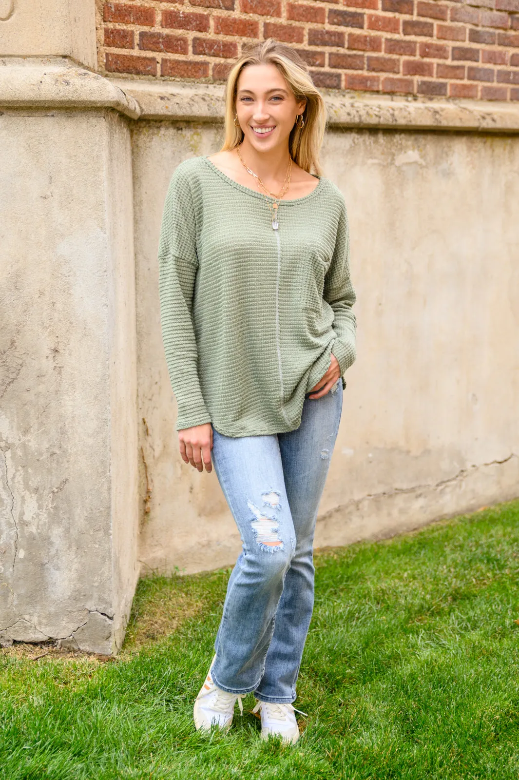 Hillside Views Waffle Knit Long Sleeve Top In Sage