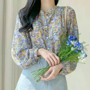 INSTOCK-Korean chic sweet floral chiffon shirt