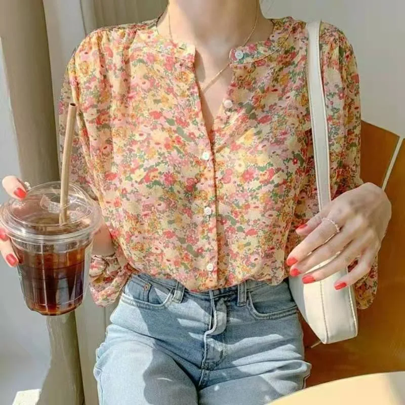 INSTOCK-Korean chic sweet floral chiffon shirt