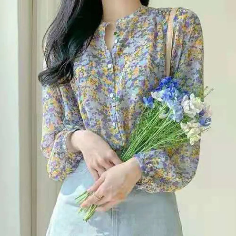 INSTOCK-Korean chic sweet floral chiffon shirt