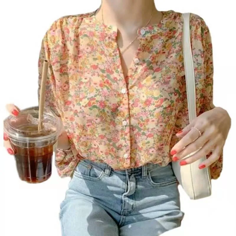 INSTOCK-Korean chic sweet floral chiffon shirt