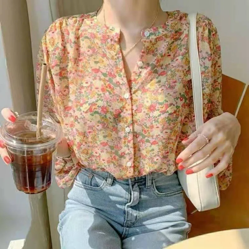 INSTOCK-Korean chic sweet floral chiffon shirt