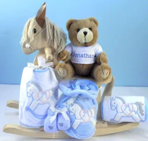 KEEPSAKE ROCKING HORSE & LAYETTE PERSONALIZED BABY BOY GIFT