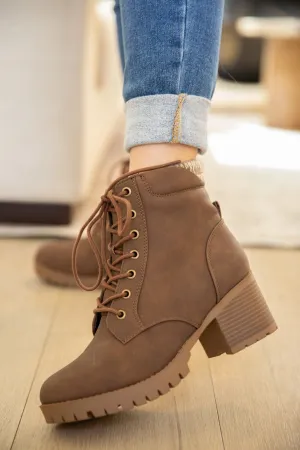 Light Brown Lace Up Lug Sole Knit Trim Boots