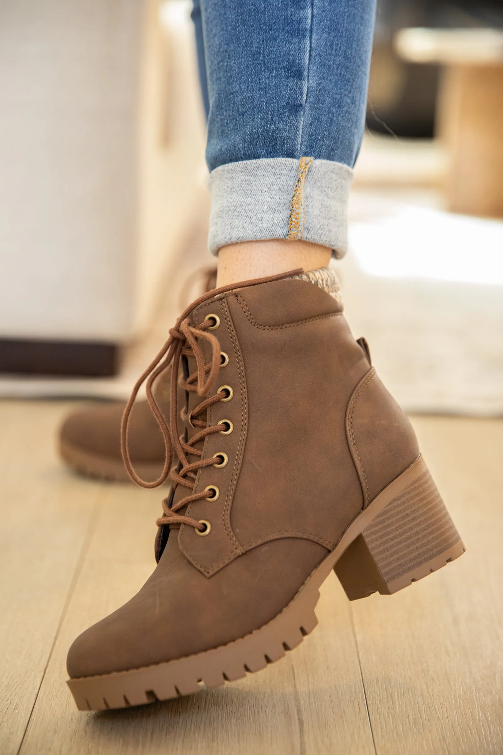 Light Brown Lace Up Lug Sole Knit Trim Boots