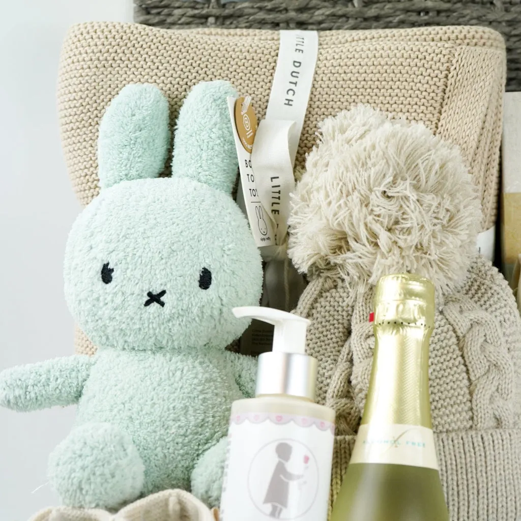 Luxury Baby Hamper, Miffy Plush, Blade And Rose Miffy Outfit, Organic Little Dutch Blanket