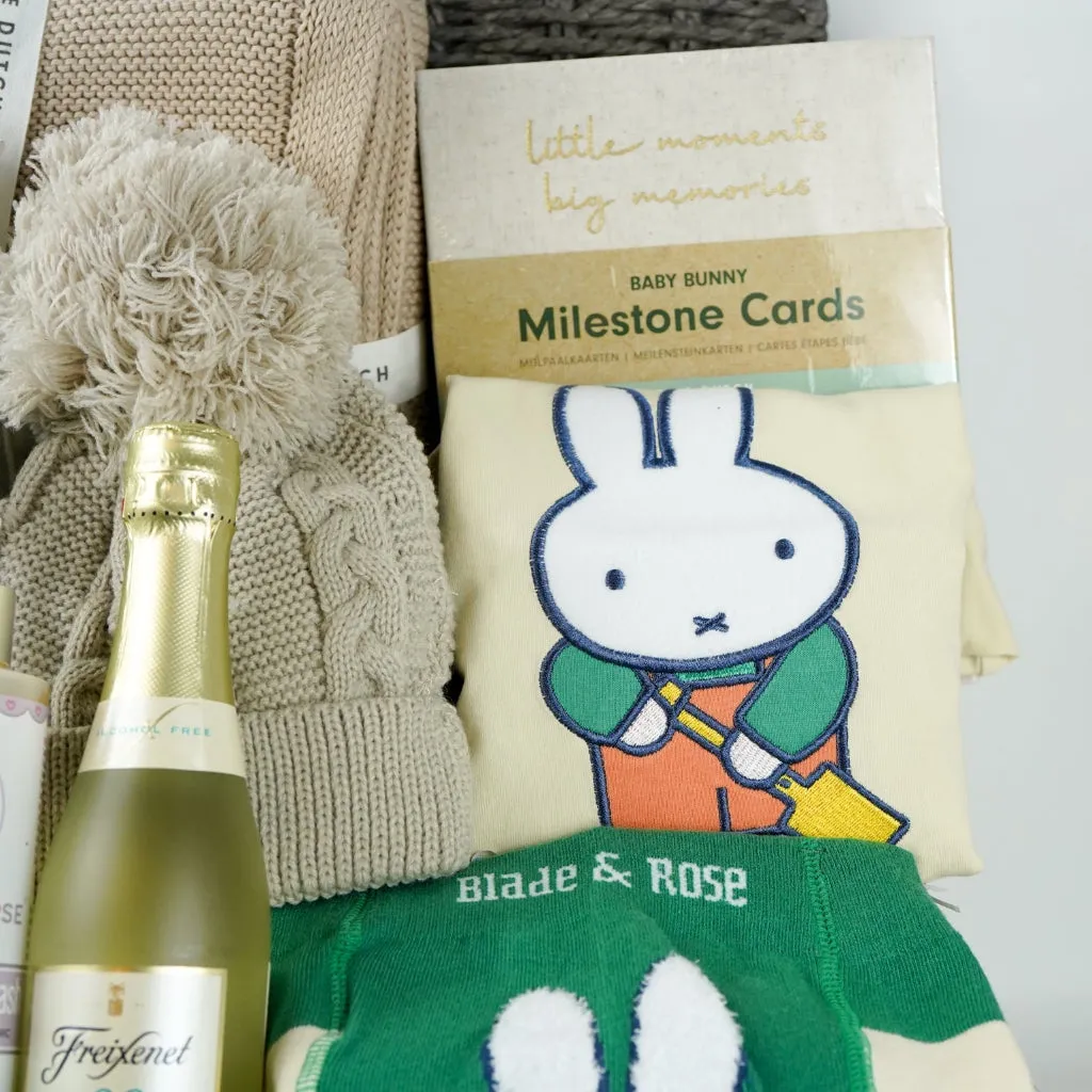 Luxury Baby Hamper, Miffy Plush, Blade And Rose Miffy Outfit, Organic Little Dutch Blanket