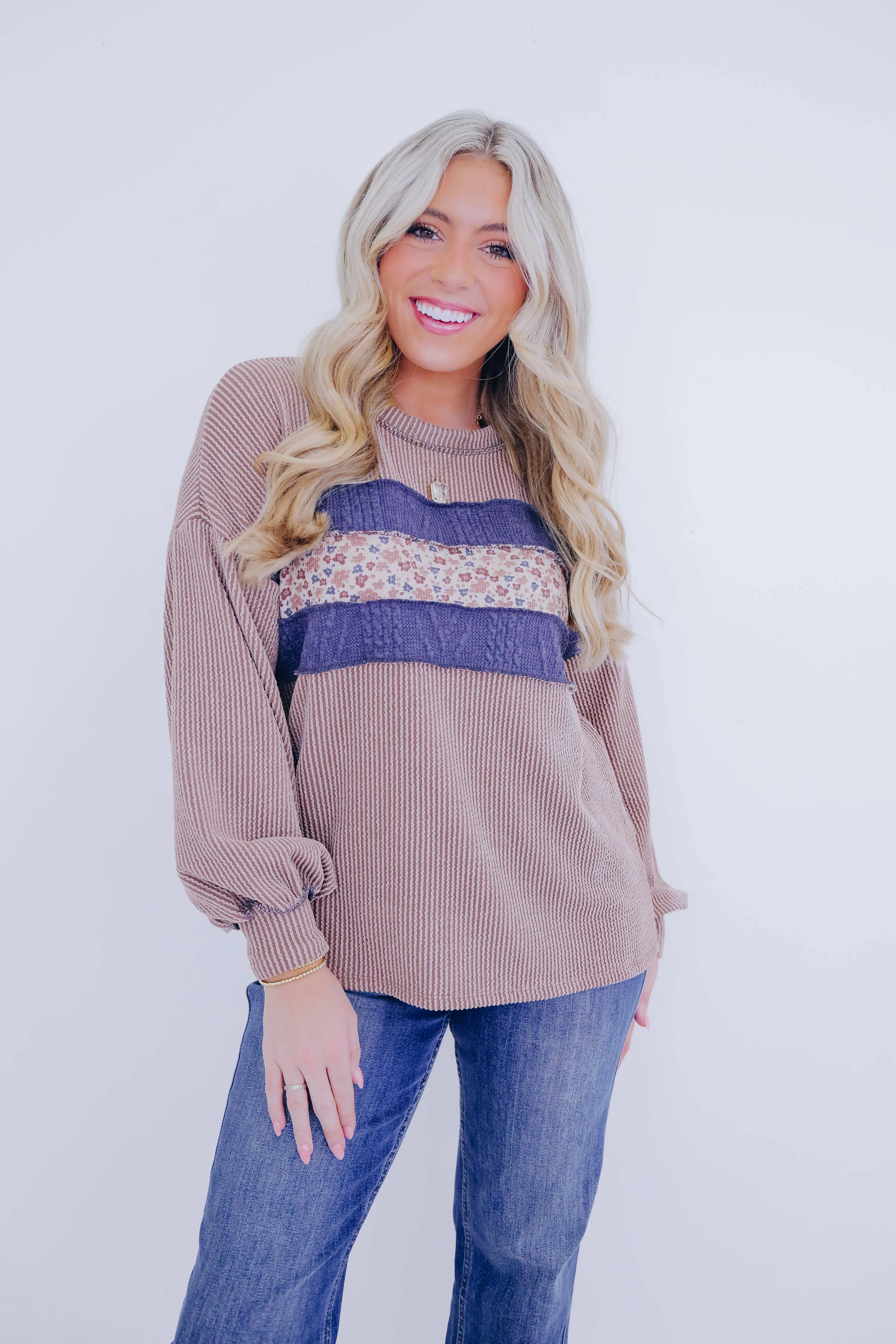 Maggie Mixed Fabric Textured Pullover- 2 Colors