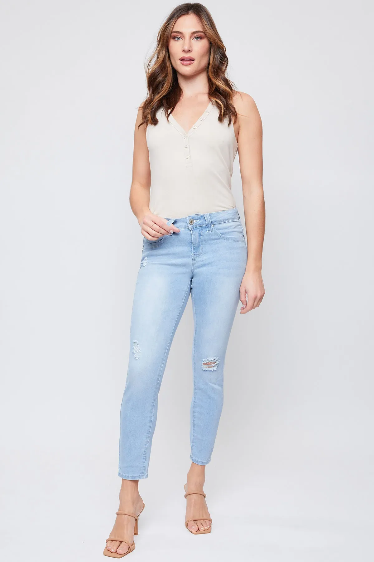 Missy Petite Wannabettabutt Mid-Rise 1-Button Skinny Jean Made With Recycled Fibers, Pack Of 12