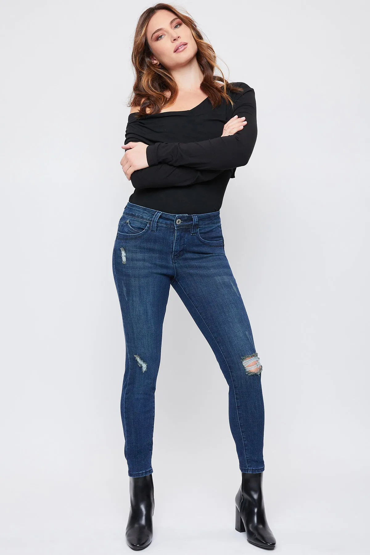 Missy Petite Wannabettabutt Mid-Rise 1-Button Skinny Jean Made With Recycled Fibers, Pack Of 12