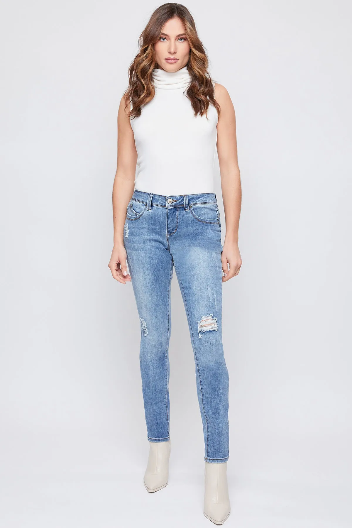 Missy Petite Wannabettabutt Mid-Rise 1-Button Skinny Jean Made With Recycled Fibers, Pack Of 12