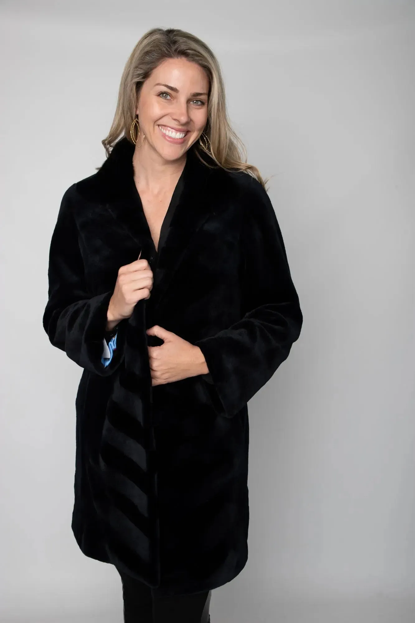 Navy Sheared Mink Stroller with Long Hair Collar and Chevron Design