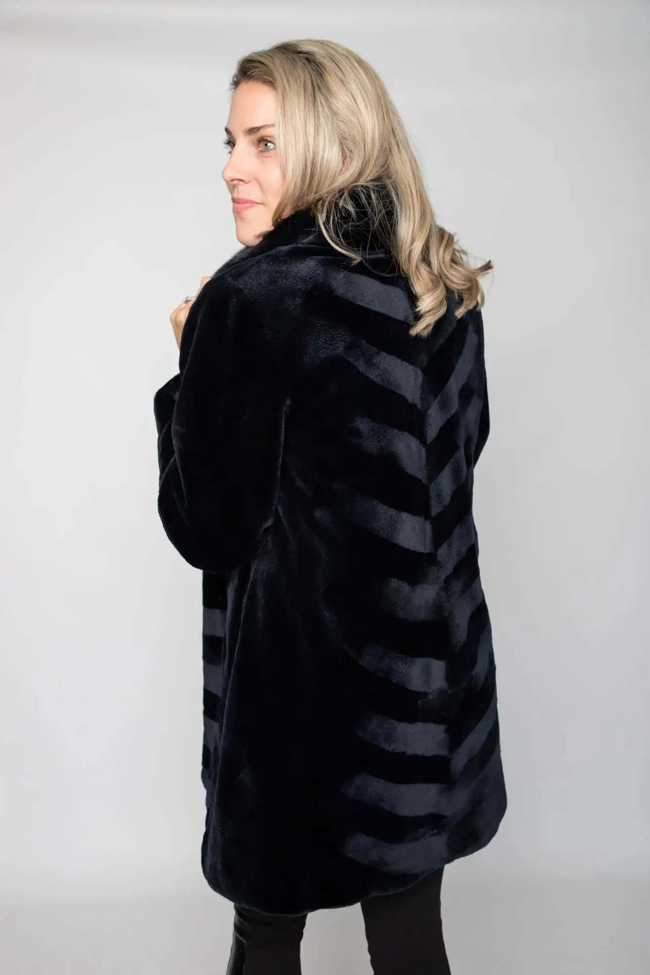 Navy Sheared Mink Stroller with Long Hair Collar and Chevron Design