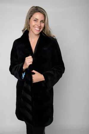 Navy Sheared Mink Stroller with Long Hair Collar and Chevron Design