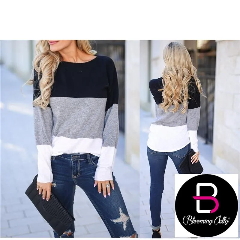 New Blooming Jelly Women's Long Sleeve Crew Neck Color Block Top, Sz S